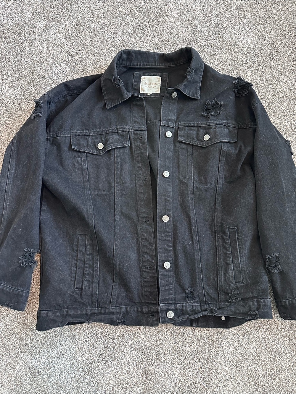 Altar'd State Black Distressed Denim Jacket Size L but would fit an XL. Oversize